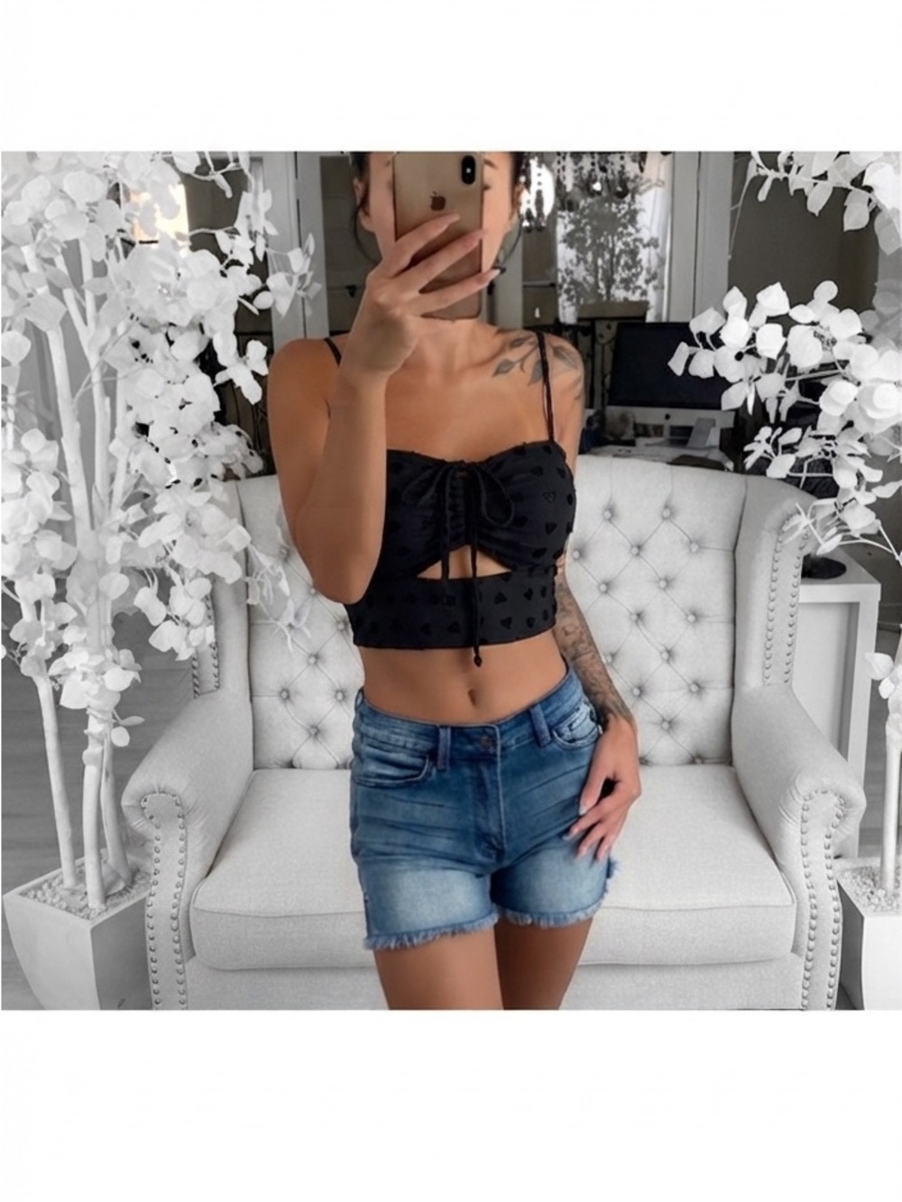Black Velvet Hearts Lace-Up Crop Top